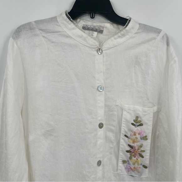 Nino Wong California Womens Size 1X Vintage Linen Button Up Top White Floral - Picture 5 of 10